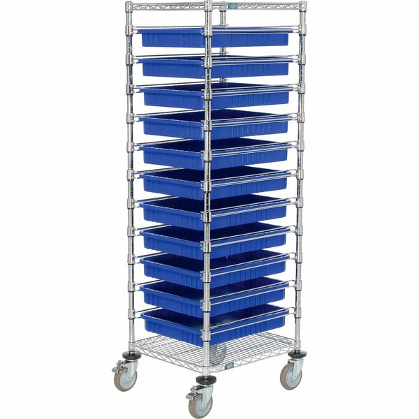 Global Industrial Chrome Wire Cart With 11 3inH Blue Grid Containers, 21x24x69 269029BL
